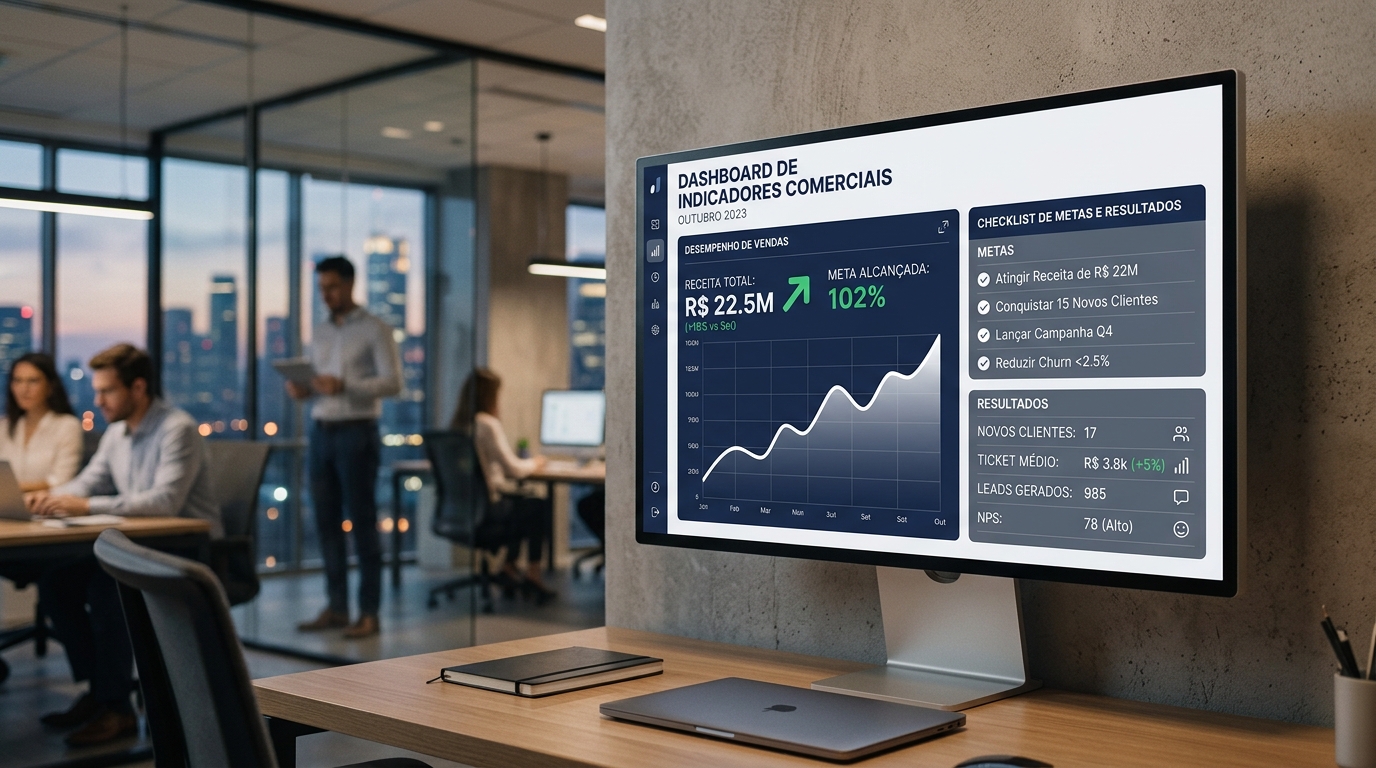Painel digital interativo de diagnóstico exibindo um checklist validado e um gráfico com seta em forte ascensão, inserido no contexto de uma mesa de diretoria.